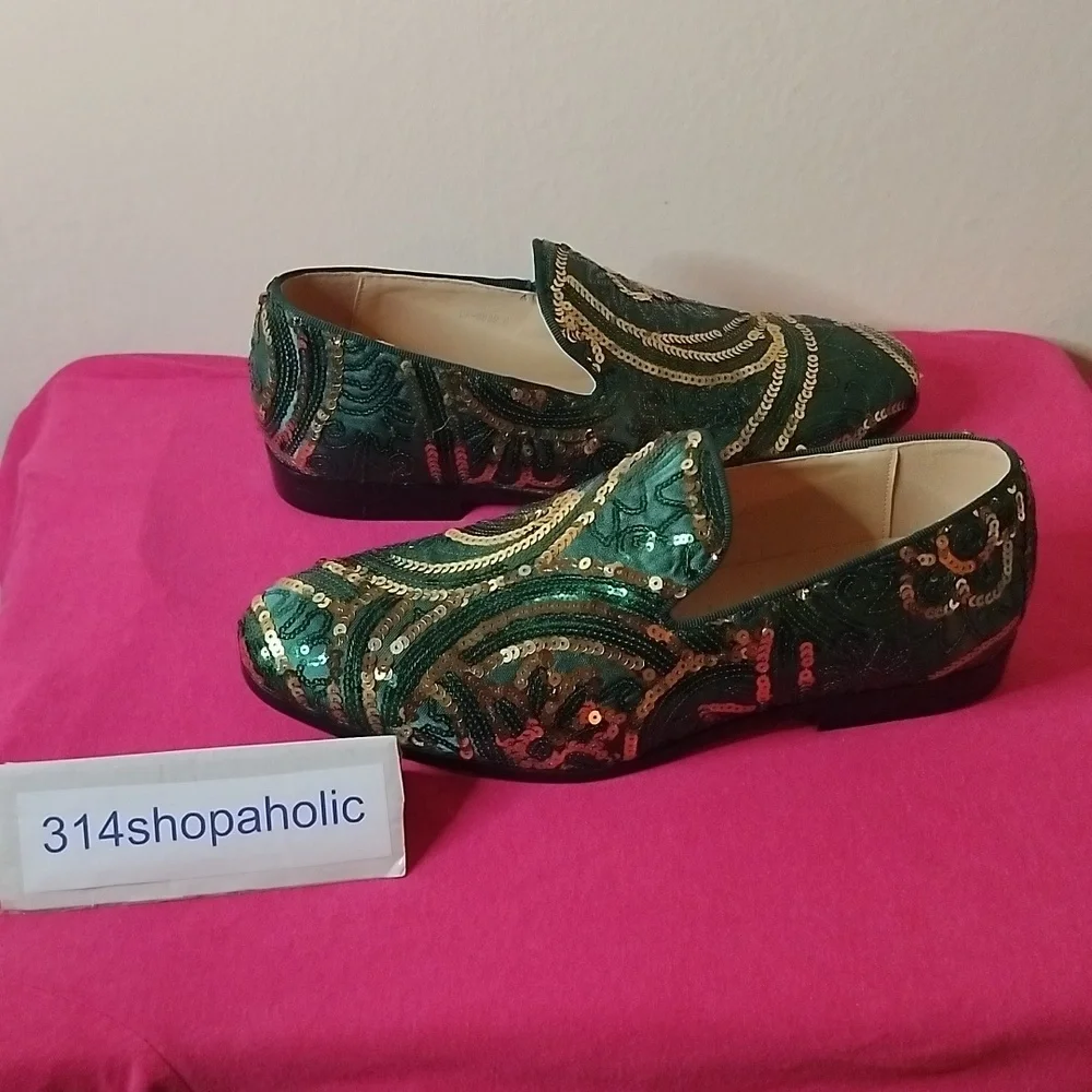 Mens Green / Gold Sequin Loafers - Picture 4 of 6